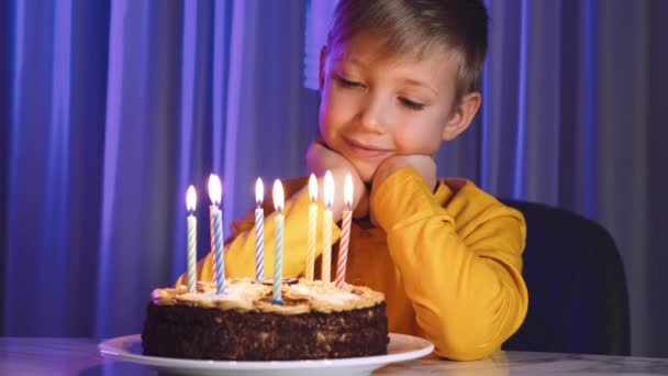 Cute Boy Blows Out Candles Cake His Birthday Happy Child — Stock Video