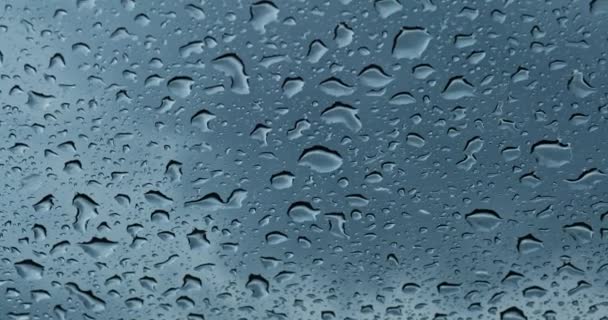 纹理水滴在绿色的玻璃背景上 水滴在玻璃窗上 水滴在玻璃杯上的特写 夏日的阵雨过后 大雨滴落在窗玻璃上 — 图库视频影像
