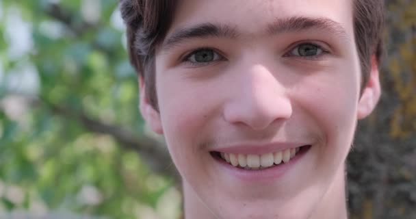Mladý Šťastný Muž Podívá Kamery Šťastně Usmívající Mužský Obličej Venku — Stock video