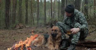Yetişkin Adam, köpeğiyle birlikte ateşte dinleniyor. Yalnız gezgin orman yangınında Alman çoban köpeği ile dinleniyor ve çay içiyor. İnsan, ormandaki yangında bir köpeği okşar.. 