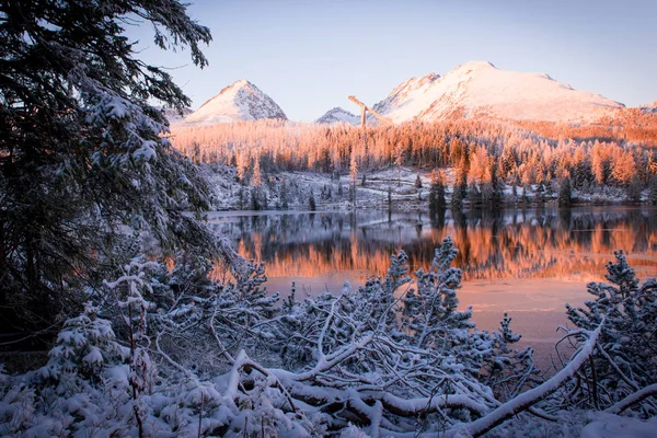 Strbske pleso, High Tatras Slovakia. Sunset on the tarn, snow covered spruce forest and mountains.