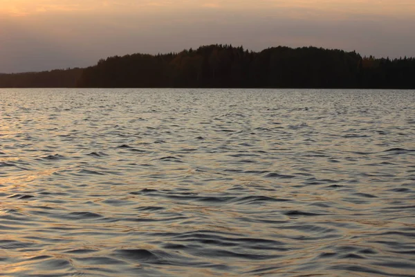 Gün batımında büyük bir gölün kıyısında renkli bir sonbahar ormanı.