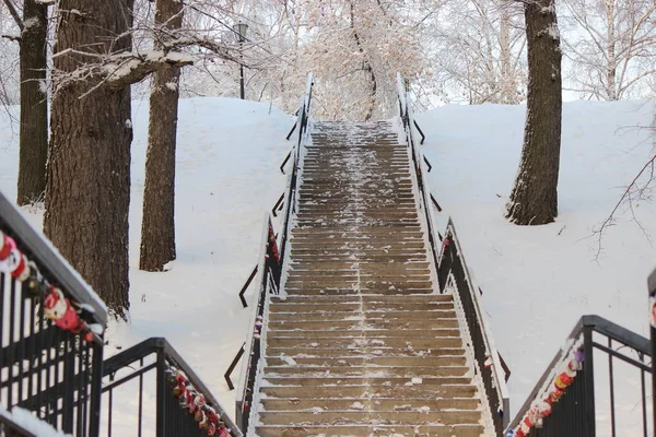 Kış günü uzun yaya merdivenleri.