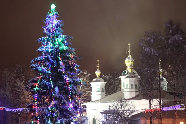 Yeni yıl Hıristiyan katedrali, fenerlerin ışığı altında yeni yıl ağacının arka planında