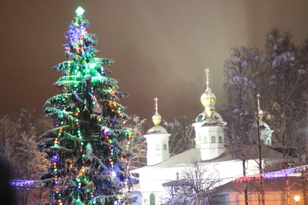 Yeni yıl Hıristiyan katedrali, fenerlerin ışığı altında yeni yıl ağacının arka planında