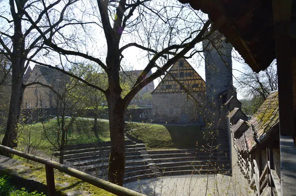 Rothenburg Allemagne Avril 2017 Vieille Ville Entourée Murs Tours Jardin — Photo