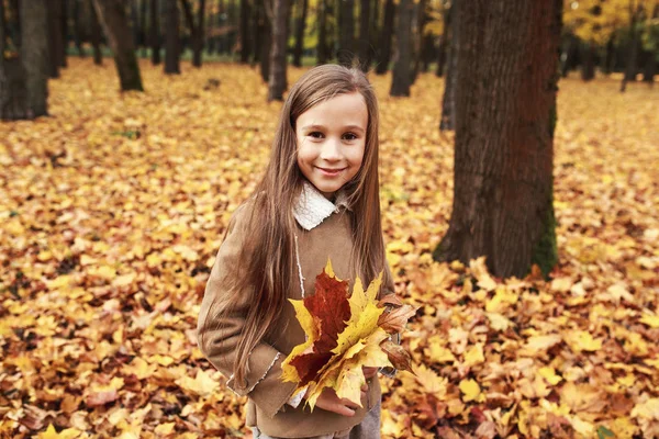 Niña Juega Las Hojas Otoño — Foto de Stock