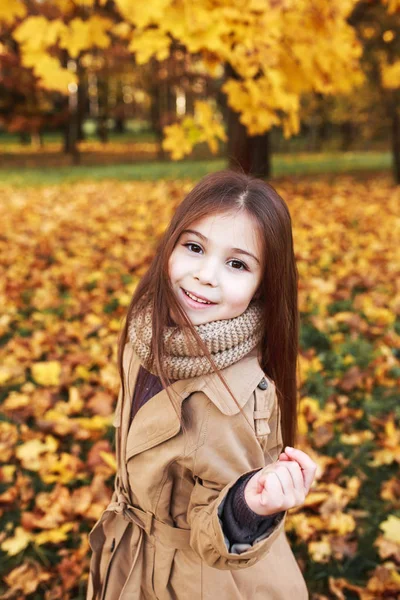 Niña Juega Las Hojas Otoño Parque — Foto de Stock