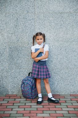 Elinde kitapla ilkokul öğrencisi. Açık hava binasının yakınında sırt çantalı bir kız. Dersler başlıyor. Sonbaharın ilk günü.