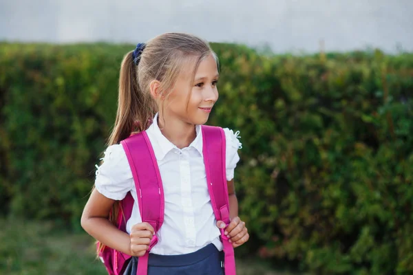 Elève École Primaire Avec Livre Main Fille Avec Sac Dos — Photo