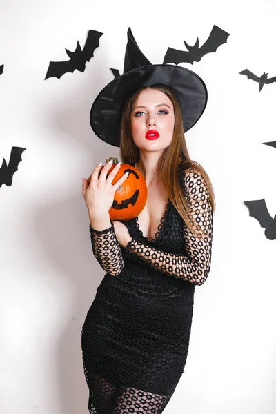 Sexy Vrouw Zwarte Heks Halloween Kostuums Met Pompoen Partij Witte — Stockfoto