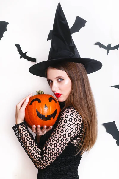 Sexy Donna Nero Strega Halloween Costumi Con Zucca Sulla Festa — Foto Stock