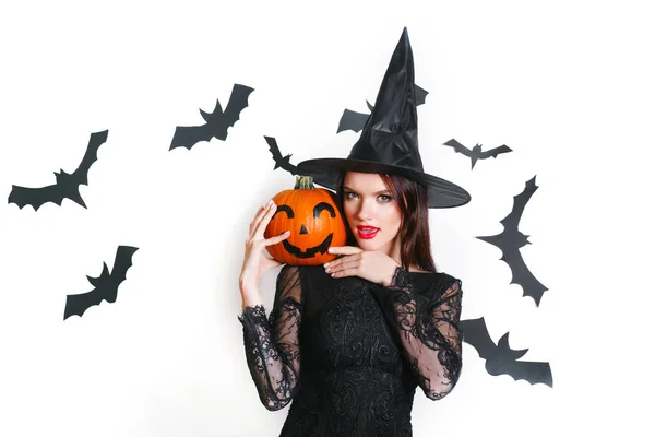 Sexy Woman Black Witch Halloween Costumes Pumpkin Party White Background — Stock Photo, Image