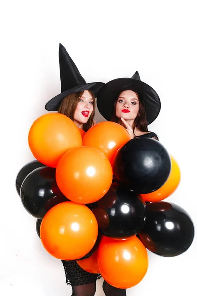 Deux Élégantes Femmes Sexy Noir Sorcière Costumes Halloween Avec Ballon — Photo