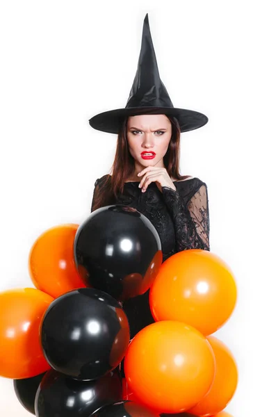 Portret Van Mooie Sexy Jonge Vrouw Zwarte Heks Halloween Kostuum — Stockfoto