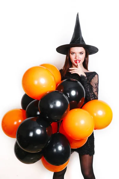 Portret Van Mooie Sexy Jonge Vrouw Zwarte Heks Halloween Kostuum — Stockfoto