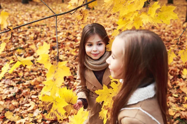 Szczęśliwa Dziewczynka Bawiąca Się Pięknym Jesiennym Parku Ciepły Słoneczny Jesienny — Zdjęcie stockowe
