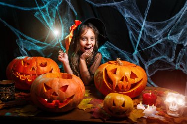 Halloween cadı kavramı - küçük cadı çocuk zevk örümcek ağı üzerinde sihirli değnek ile ve eğri kabaklar arka plan ile oynama.