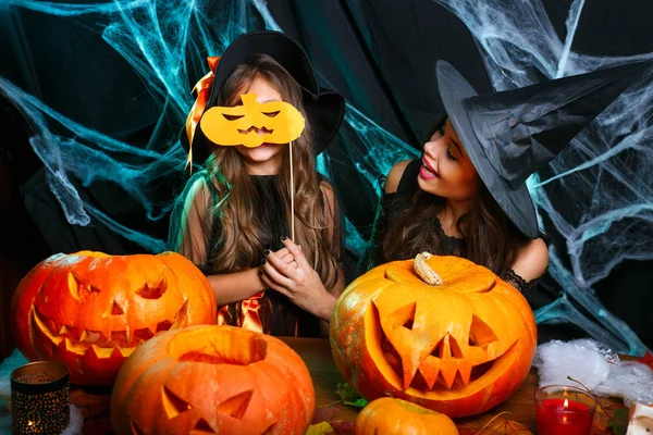 Mother Her Daughter Witch Costumes Having Fun Home Happy Family — Stock Photo, Image