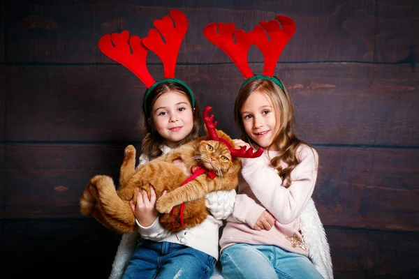 Две Счастливые Милые Улыбающиеся Девочки Красной Кошкой Оленьих Рогах Деревянном — стоковое фото