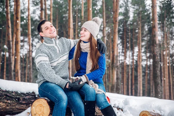 장작에 앉아서 겨울 숲에서 포옹 블루 스웨터 입은 젊은 부부 사랑 — 스톡 사진
