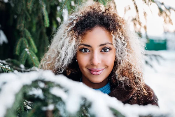 Close-up πορτρέτο του όμορφη νεαρή afro Αμερικανός γυναίκα στο δάσος του χειμώνα — Φωτογραφία Αρχείου