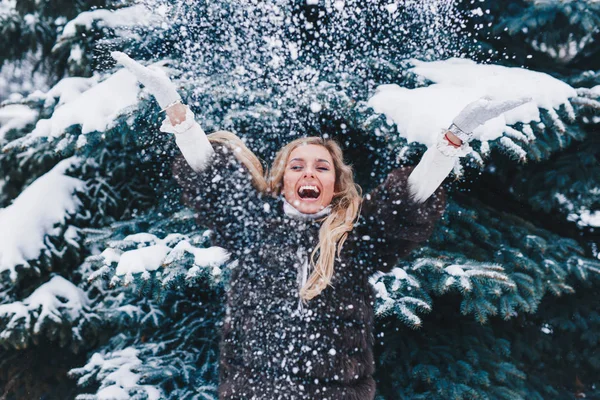 Chica Navidad Retrato Aire Libre Mujer Invierno Soplando Nieve Parque —  Fotos de Stock