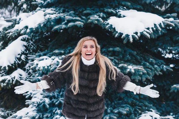Natal Menina Retrato Livre Mulher Inverno Soprando Neve Parque — Fotografia de Stock