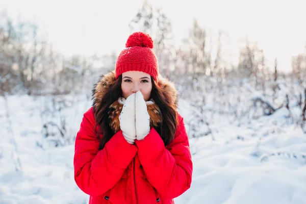 Portrait of young beautiful woman on winter outdoor background — Stok Foto