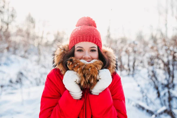 Retrato de jovem mulher bonita no inverno ao ar livre fundo — Fotografia de Stock