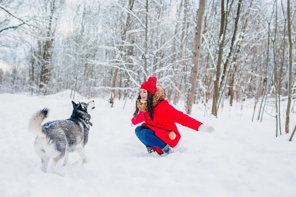 Mujer joven jugando con su perro Husky en el parque de invierno —  Fotos de Stock
