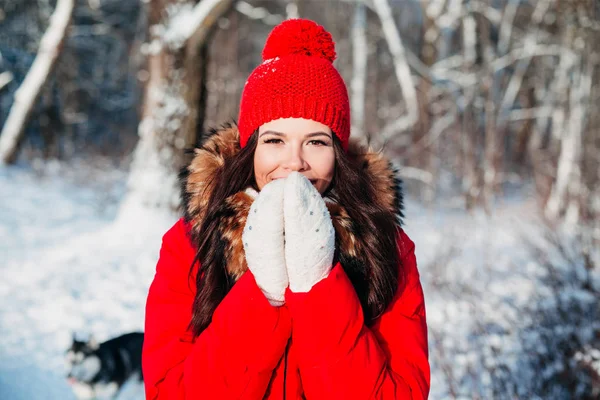 Retrato de joven hermosa mujer en ropa roja sobre fondo de invierno al aire libre —  Fotos de Stock