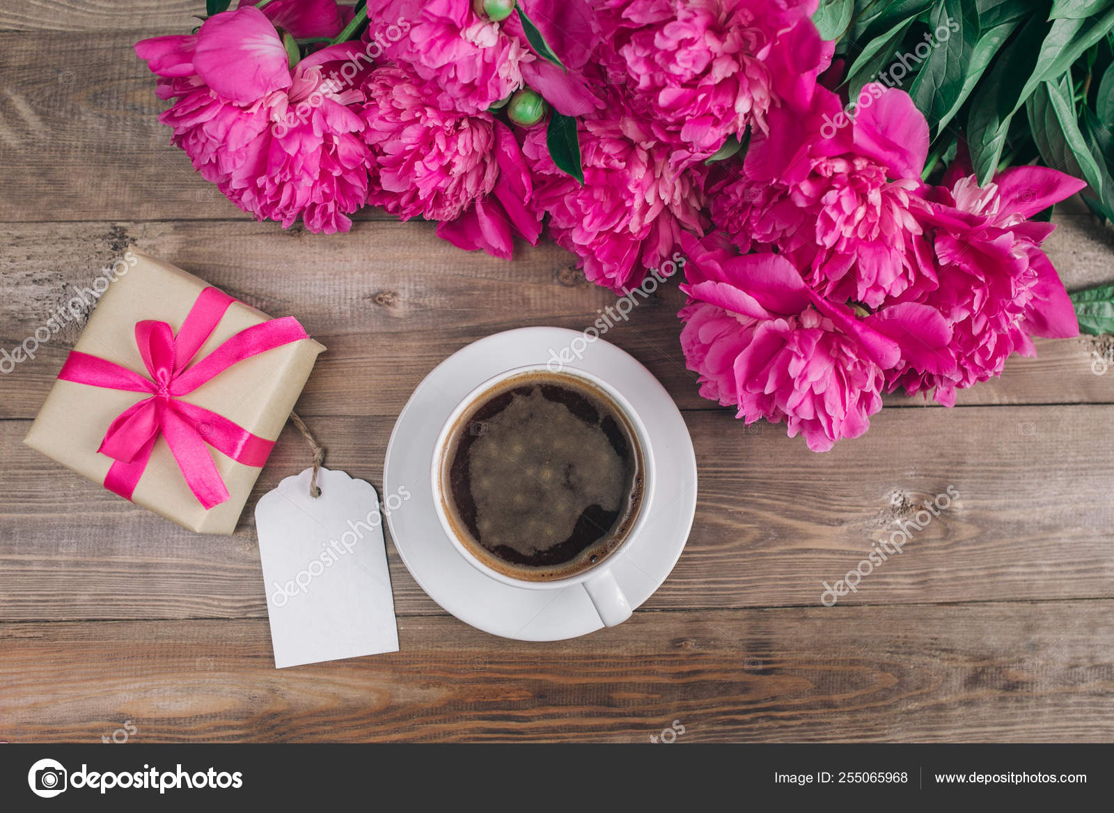 Pink Peony Flowers Gift Box Cup Of Coffee And Notes Good Morning