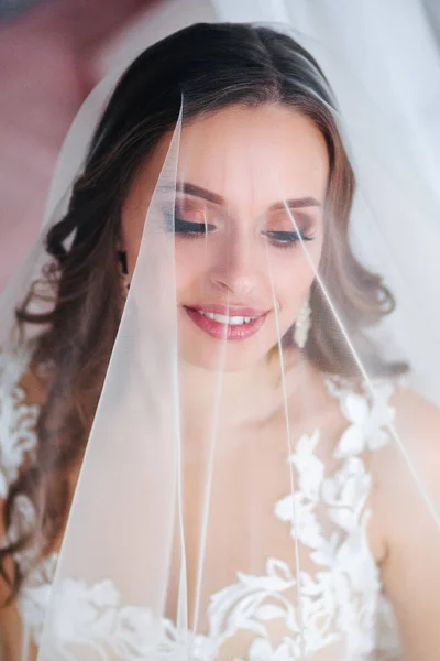 Hermoso retrato de novia con velo sobre su cara. Retrato de cerca de la joven novia hermosa. Boda . — Foto de Stock