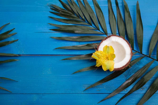 Tropische Palmenblätter, Blumen, Kokosnuss auf blauem Holzgrund. flache Lage — Stockfoto