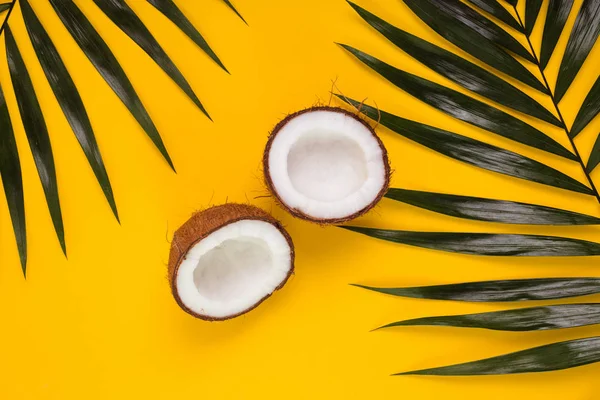 노란색 배경에 코코넛과 야자수 잎. 플랫 레이, 텍스트 공간 — 스톡 사진