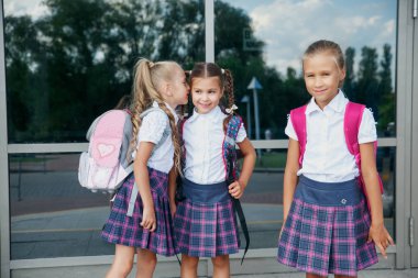 Sırt çantası olan bir grup çocuk birlikte okula gidiyor