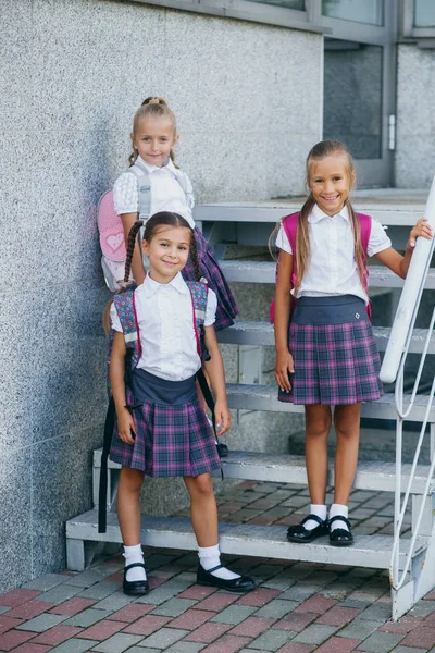Retrato grupal de niños en edad preadolescente sonriendo frente al edificio de la escuela. Volver a la escuela —  Fotos de Stock