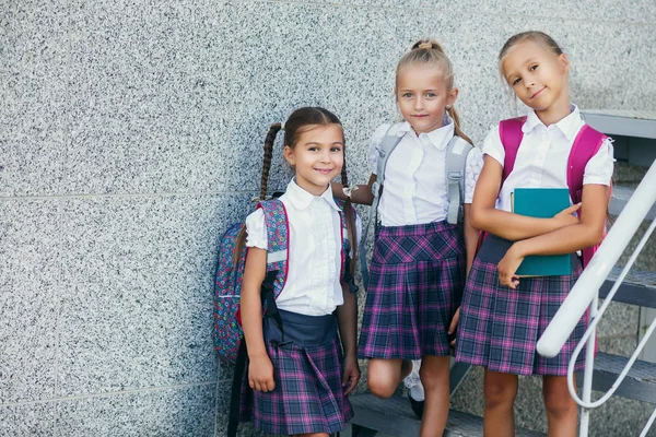 Groepsportret van pre-adolescente schoolkinderen glimlachend voor het schoolgebouw. Terug naar schooll — Stockfoto