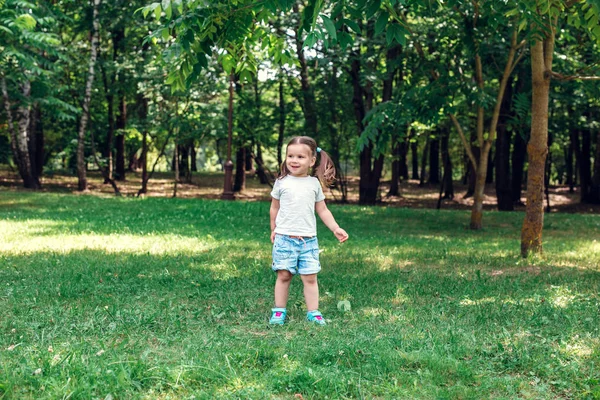 Söt liten flicka som leker i parken i sommardag — Stockfoto