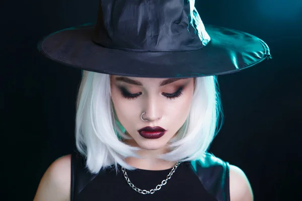 Mysterious Halloween Witch Woman Portrait Black Studio Background — Stock Photo, Image