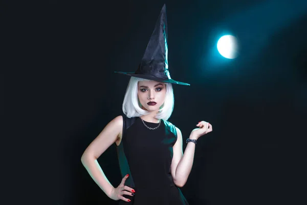 Beautiful Young Woman White Wig Posing Witches Sexy Costume Black — Stock Photo, Image