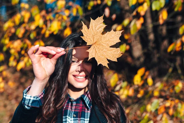 Maple leaf in the hands of a girl in autumn park. Selective focus — Stock Photo, Image