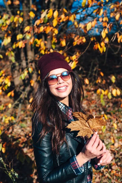 Fashion autumn portrait woman in sunglasses with yellow maple leaves — Stock Photo, Image