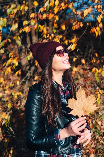 Gorgeous young woman posing in sunglasses in sunny autumn day in park — Stock Photo, Image