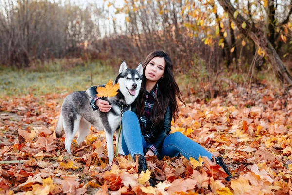 Sorrindo mulher elegante andando com seu husky no dia de outono. — Fotografia de Stock