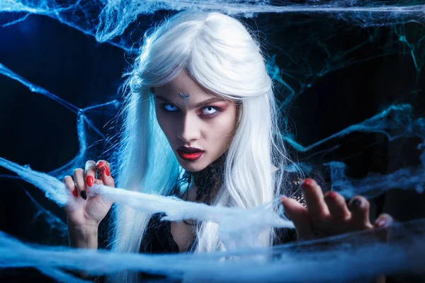 Bruxa de Halloween com cabelos brancos compridos usando teia de aranha. — Fotografia de Stock