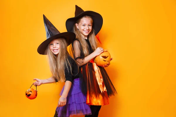 Porträt zweier lustiger kleiner Mädchen, die als Halloween-Hexe auf orangefarbenem Hintergrund verkleidet sind — Stockfoto