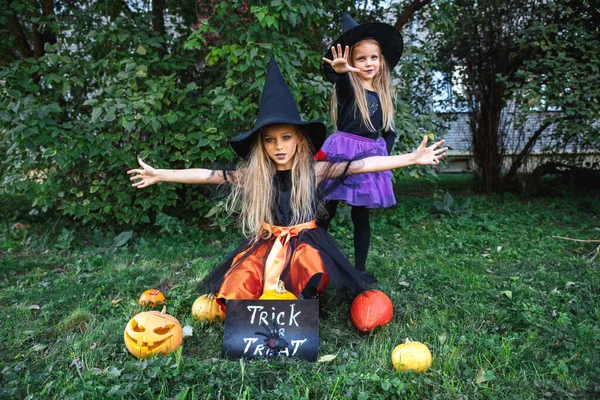 Cadılar Bayramı 'nda dışarıda eğlenen cadı kostümlü iki küçük kız. Şaka mı şeker mi? — Stok fotoğraf