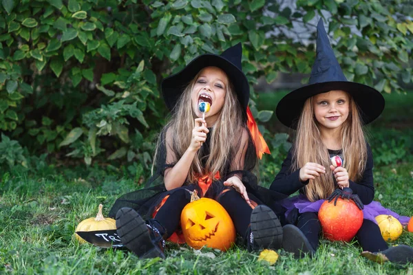 Twee grappige meisjes in heksenkostuums die Halloween snoep eten. — Stockfoto